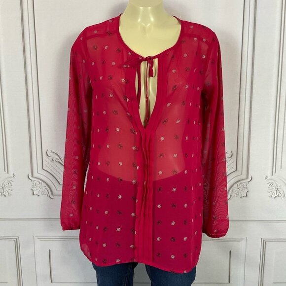 Mudd Tops - Mudd Sheer Blouse Deep V-Neck Pleated Front Pink Floral Long Sleeve Medium Top